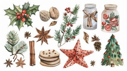 Watercolor Merry Christmas set of traditional decor and elements. A set of spices, decoration, cookies, gifts and plants.