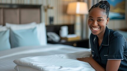 A professional photo, trending on Adobe Stock. A American chambermaid in a neat uniform smiles warmly as she smoothing out the fitted sheet on a bed
