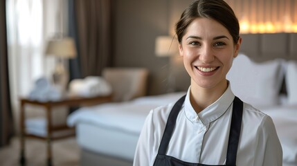 A professional photo, trending on Adobe Stock. A European chambermaid in a neat uniform smiles warmly as she smoothing out the fitted sheet on a bed - obrazy, fototapety, plakaty