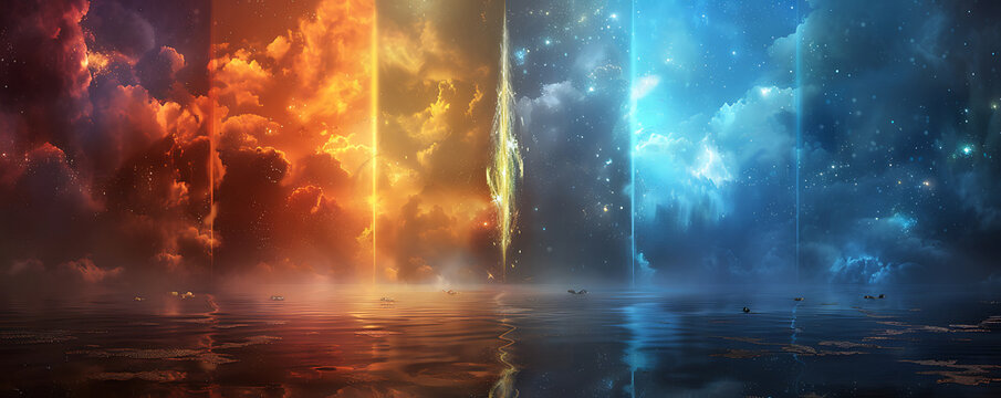 Abstract five Fundamental Elements of Nature with fire, water , Earth, Space, and Creation illustration background. generative ai.