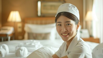 A professional photo, trending on Adobe Stock. A Japanese chambermaid in a neat uniform smiles warmly as she smoothing out the fitted sheet on a bed - obrazy, fototapety, plakaty