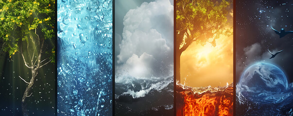 Abstract five Fundamental Elements of Nature with fire, water , Earth, Space, and Creation illustration background. generative ai. - obrazy, fototapety, plakaty