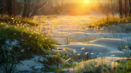 Serene sunrise over a soft, green meadow gently emerging from under melting snow, symbolizing the arrival of spring, captured in a photorealistic style - obrazy, fototapety, plakaty
