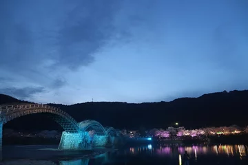 Blackout roller blinds Kintai Bridge 『錦帯橋とサクラ』夜桜 ライトアップ 山口県岩国   日本観光　Kintai Bridge 　