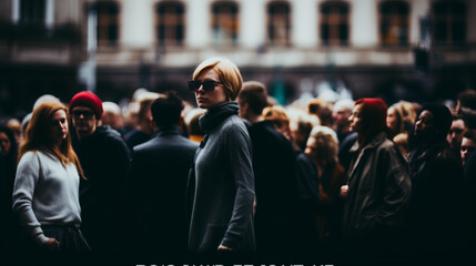 Stylish Blonde Woman in Sunglasses Against Blurred City Crowd - obrazy, fototapety, plakaty