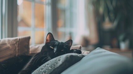 Black cat on the sofa with windows in the background - obrazy, fototapety, plakaty