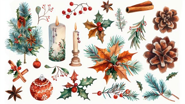 Set of traditional Christmas decor and elements with colors of gold, red, blue, white and green. A Christmas mood set with spices, decorations, candles, compositions, and plants.
