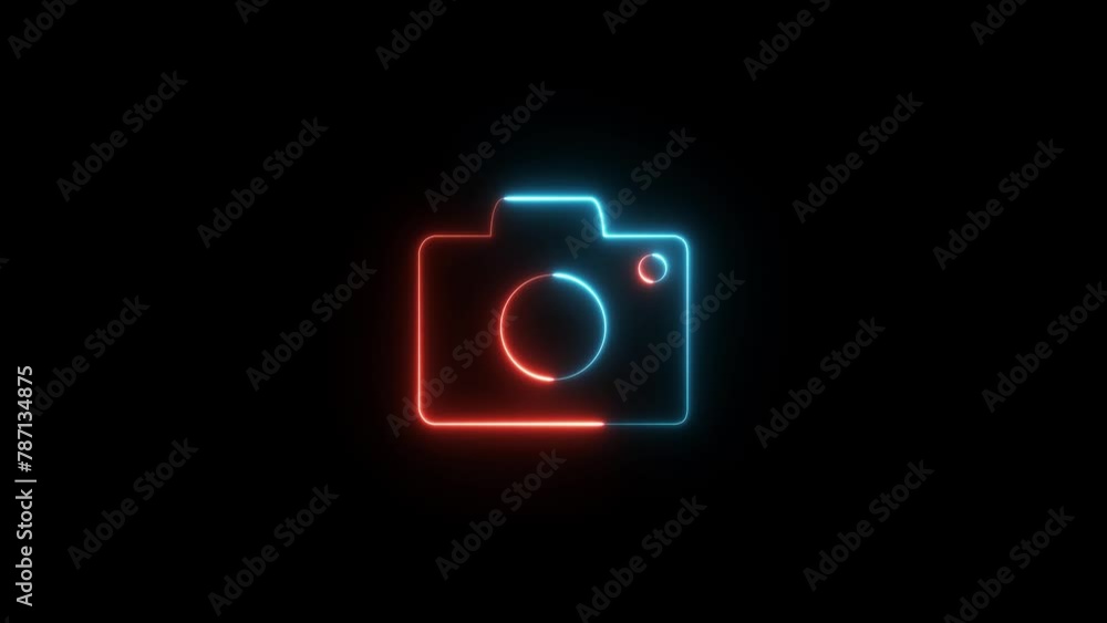 Poster abstract rendering glowing neon symbol of photo camera animation. neon camera icon red blue color gl