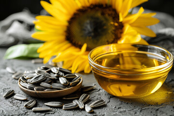 Freshly pressed sunflower oil, with sunflower in the background. AI generative