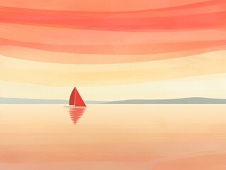 Crimson sail, sunset voyage, horizon quest , water color, cartoon, animation 3D, vibrant - obrazy, fototapety, plakaty