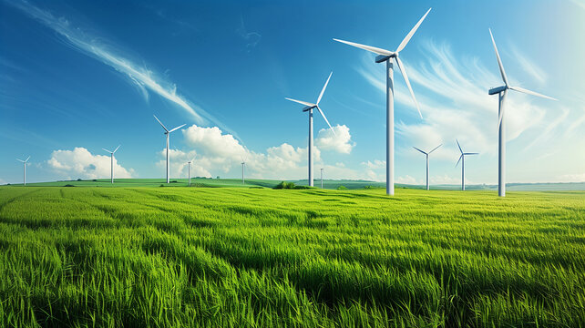 Sustainable energy theme, wind turbines in open field, creative copyspace, clean look, photorealistic, wide angle,