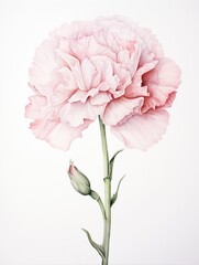 Carnation watercolor, blush tones, whisperthin stem, white background, subtle charm