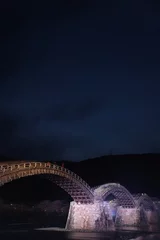 Behang Kintai Brug 『錦帯橋とサクラ』夜桜 ライトアップ 山口県岩国   日本観光　Kintai Bridge 　