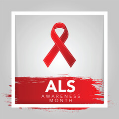 Als awareness month. Vector banner for social media, card, poster. Illustration with text ALS awareness month, amyotrophic lateral sclerosis. Red striped ribbon on a white and red background