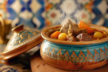 Tajine with beef and braised vegetables. Ai generative.