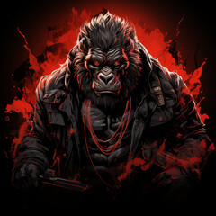 illustration of a dashing gorilla looking scary on a red background