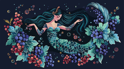 Beautiful mermaid. Delicious grapes. Vector Illustration