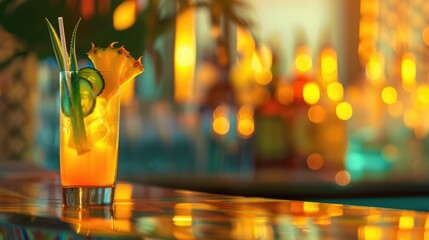 Tropical cocktails with pineapple garnish. Refreshment and summer concept. - obrazy, fototapety, plakaty