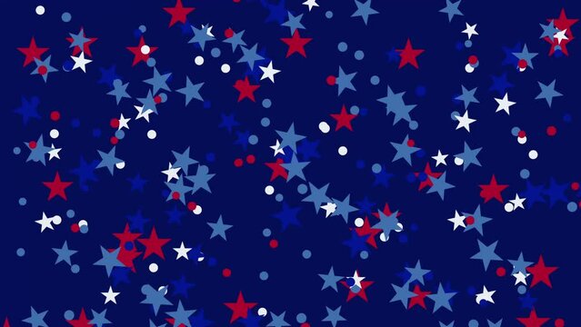 Animation of falling White blue and red stars and dots pattern on blue background