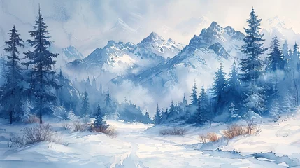 Foto op Plexiglas Pastel watercolor landscape of hills and mountains © Ramon Grosso