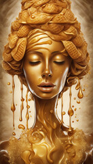 Portrait of a girl with a face made of waffles and syrup