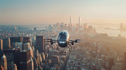 Autonomous drone flying over New York City skyline during sunrise.
