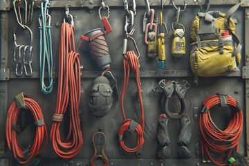 Climbing equipment is hanging on the wall - obrazy, fototapety, plakaty