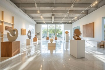 Modern art gallery with elegant wooden sculptures in fluid shapes on display