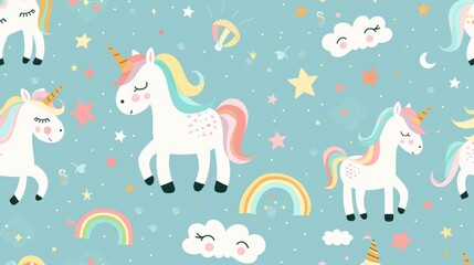Fototapeta premium Stylish seamless pattern. Modern unicorns, rainbows, stars, clouds, clouds and words for luck.