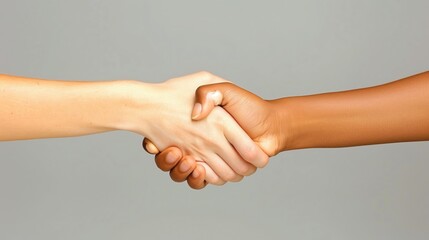 Two individuals exchanging a handshake against a neutral background