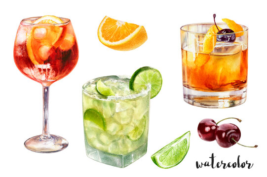 Watercolor illustration of cocktails drinks close up. Design template for packaging, menu, postcards.