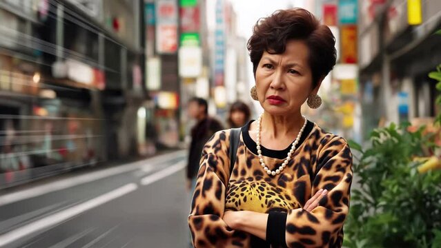 This Osaka auntie wearing a leopard print sweatshirt is an onlooker watching with arms folded and a grim face at the scene of the incident, accident, or fight. 
