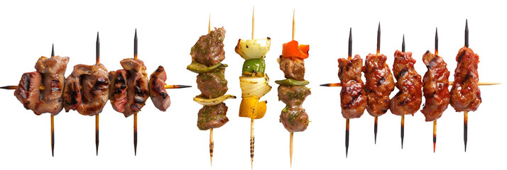 3 different types of meat skewers, each marinated in a distinct cultural sauce, representing global...