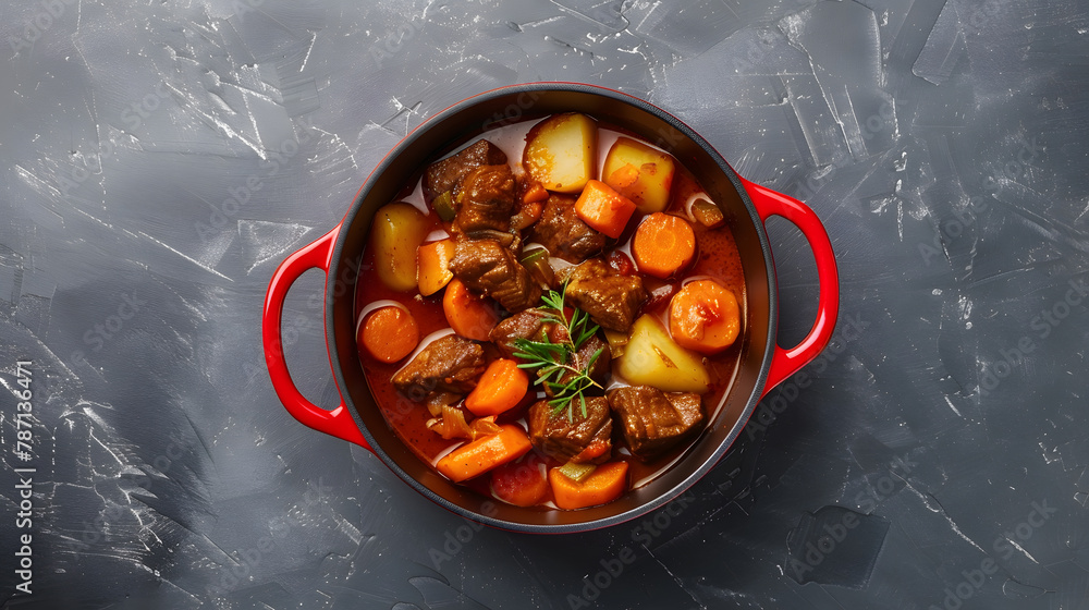 Aufkleber Beef stew with potatoes carrots in tomato sauce in red pot top view gray background copy space : Generative AI