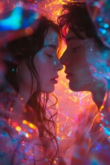 Delve into a dreamy, low-angle view of a couple lost in a virtual reality world filled with vibrant colors echoing emotions of passion and love Digital Rendering Techniques,