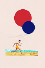 Vertical creative image collage running young man sunglass resort naked torso sand beach seaside...