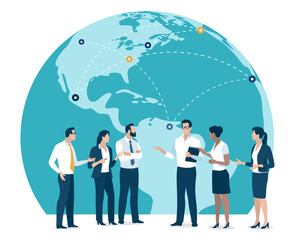 Global trade, investing. The team discusses in front of globe. Business vector illustration. 
 - obrazy, fototapety, plakaty