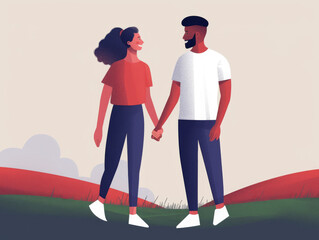 Illustration of a smiling couple holding hands in a field with a soft pastel background.