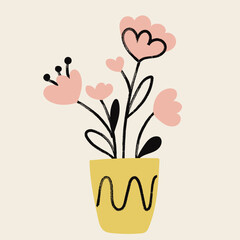 Abstract flowers in a vase. Textured hand drawn isolated flowerpot in doodle style