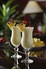 Pina colada cocktails garnished with pineapple wedges and cherries. Studio photography with tropical bar concept. Design for menu, poster, article