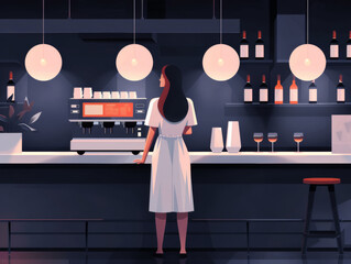 Illustration of a woman standing at a bar with wine glasses and a coffee machine in a dimly lit setting. - obrazy, fototapety, plakaty