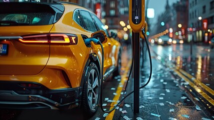 Alternative energy concept.Close up of the Hybrid car electric charger station with power supply plugged into an electric car being charged