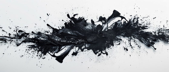 Abstract art concept featuring a stark black ink splatter on a pristine white background, evoking themes of chaos in a high-contrast monochromatic setting