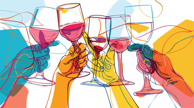 Graphic one line hands with wine. Hand drawn colored