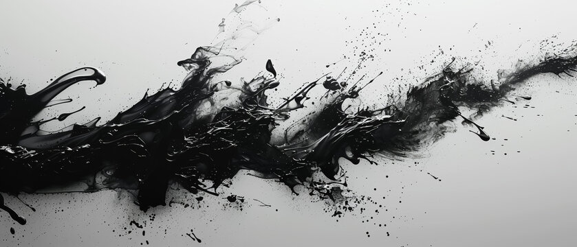 Abstract art concept featuring a stark black ink splatter on a pristine white background, evoking themes of chaos in a high-contrast monochromatic setting