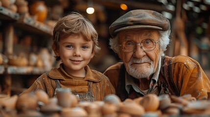 Concentrated little boy is learning to work with clay in pottery class in traditional workshop.