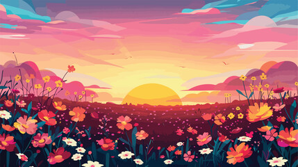 Beautiful sunset over field of blooming flowers vector
