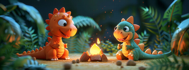 Illustration of two cartoon dinosaurs enjoying a warm campfire in a lush prehistoric jungle at dusk.