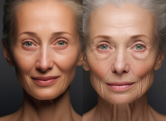 The photo on the left depicts her face extreme wrinkles while the photo on the right reveals a significant glowing skin - 787137041