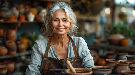 Smiling mature caucasian female sculptor making ceramic pottery with wooden stick - Powered by Adobe